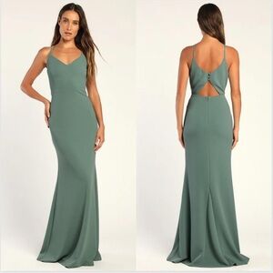 NWT Lulu’s Moments Of Bliss Dusty Seafoam Backless Mermaid Maxi Dress Green